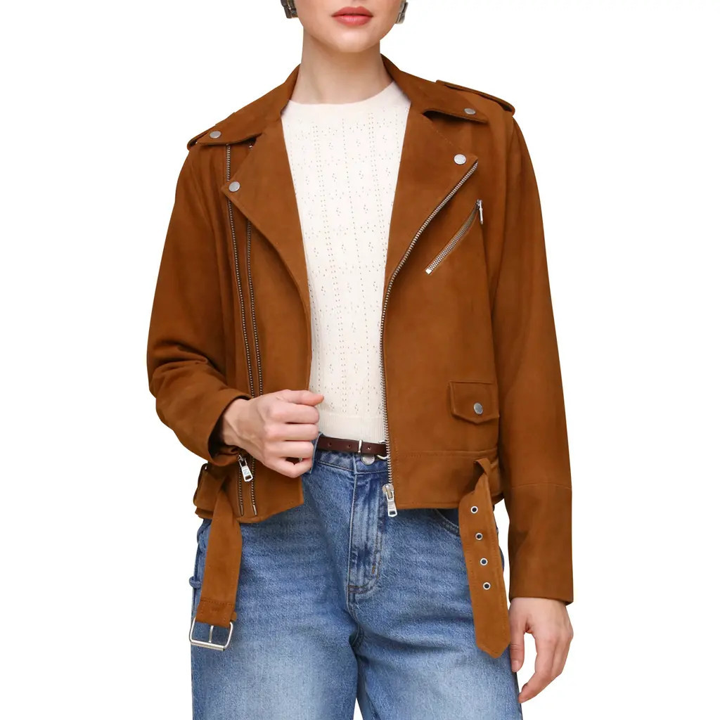 Avec Les Filles Belted Suede Moto Jacket in Camel at Nordstrom, Size Xx-Small | Nordstrom