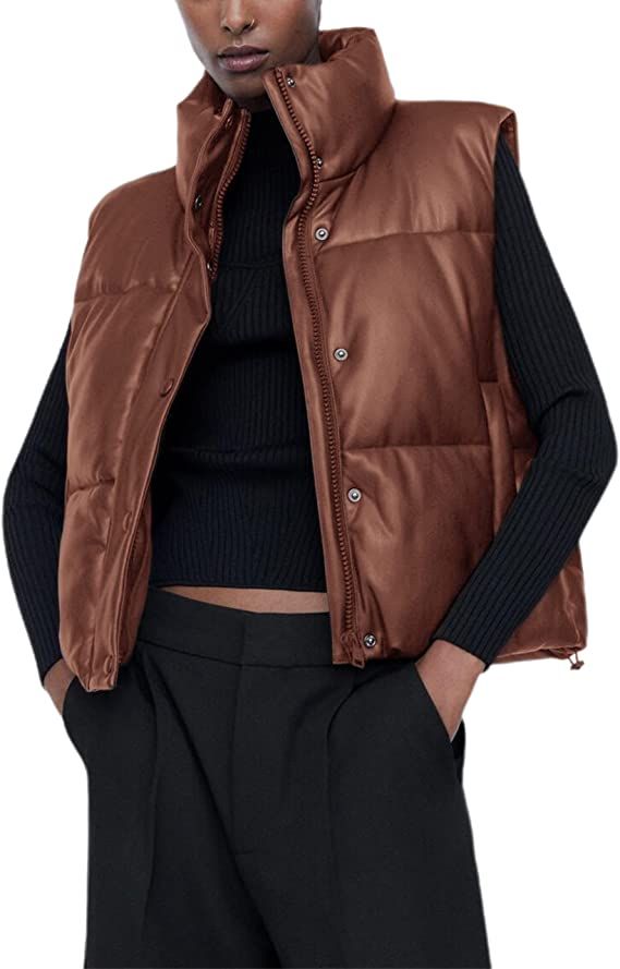 Ailoqing Womens Faux Leather Puffer Vest Zip Up Sleeveless Winter Cropped Jacket | Amazon (US)