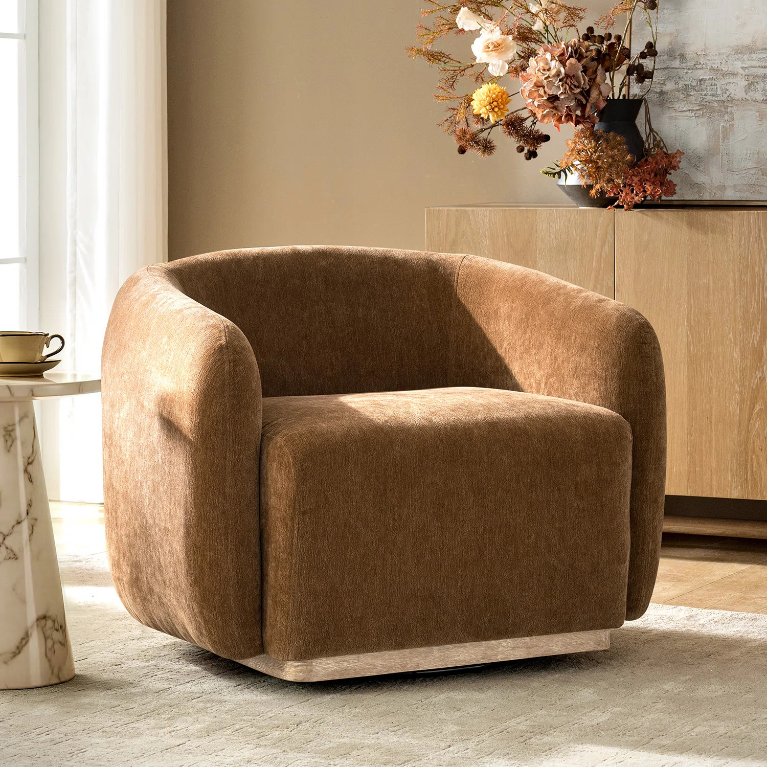 Berklie 35"W Modern Boucle Chenille Swivel Armchair With Solid Wood Base | Wayfair North America