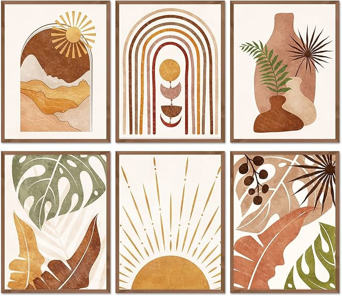 Boho Wall Art Prints, Minimalist Geometric Boho Wall Posters Monstera Palm Leaf Sun Moon Moutain ... | Amazon (US)