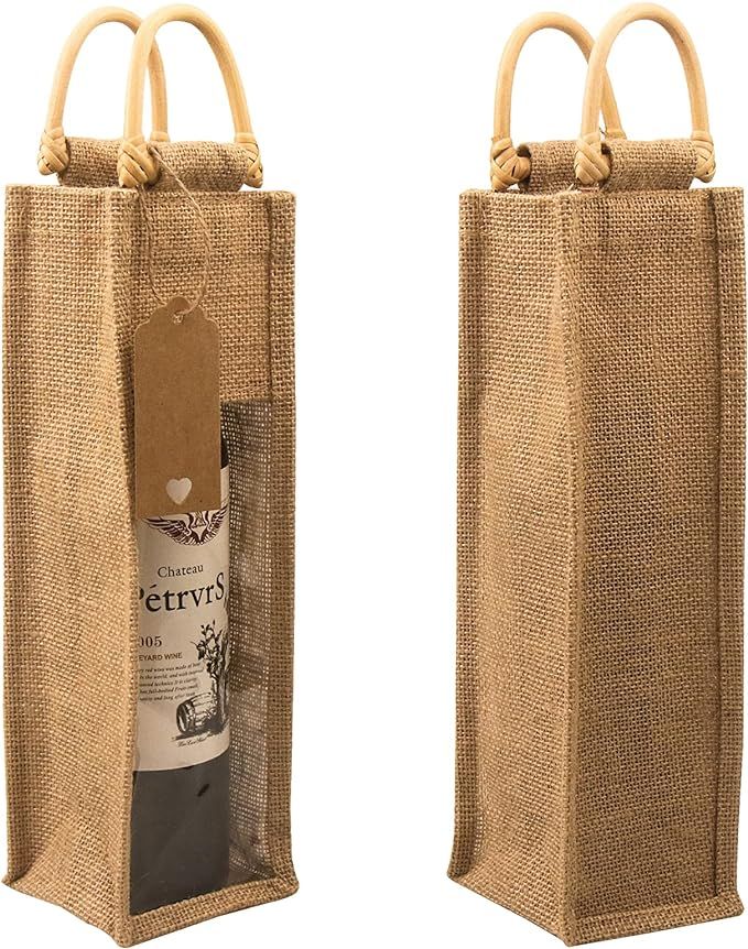 DIWNELEM 2 Pack Burlap Wine Gift Bags with Window Jute Wine Bags with Stickers Burlap Wine Bottle... | Amazon (US)