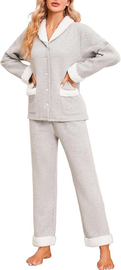 U2SKIIN Conjunto de pijama para mujer, suave y cálido, con cuello de chal, manga larga, acolchad... | Amazon (US)