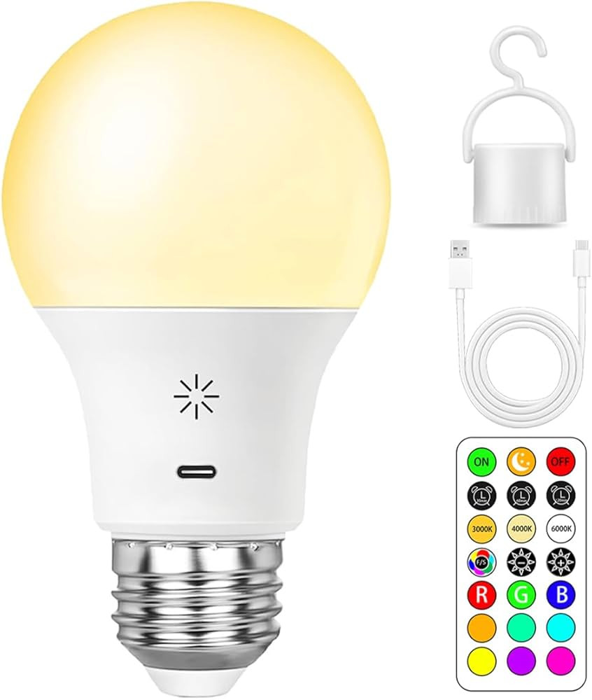 LED Rechargeable Light Bulbs with Remote ＆ Touch Dimmable, E26 Battery Operated Light Bulb for ... | Amazon (US)