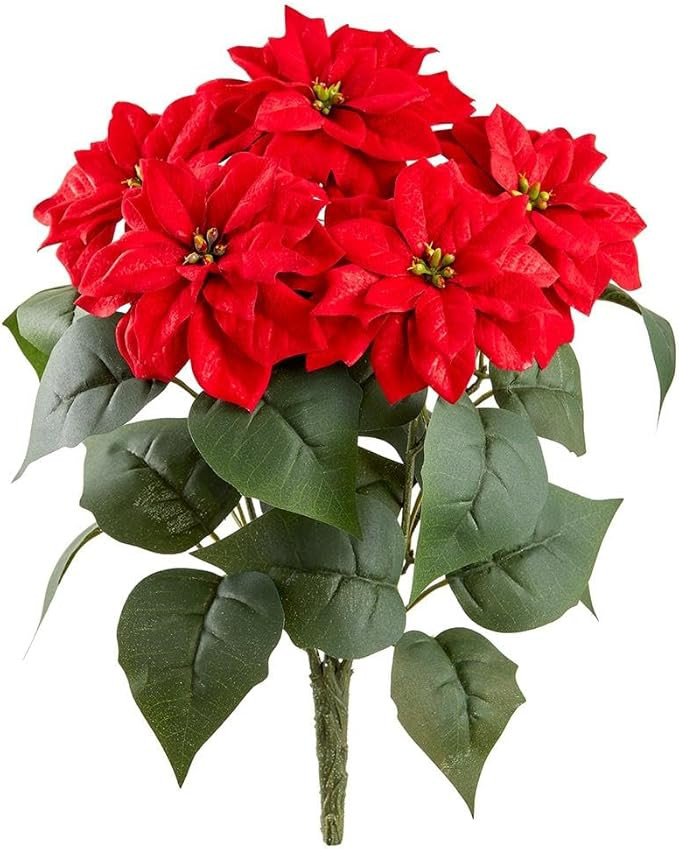 Red Christmas Velvet Poinsettia Bush, Artificial Floral, 14 Inches High, 5 Blossoms | Amazon (US)
