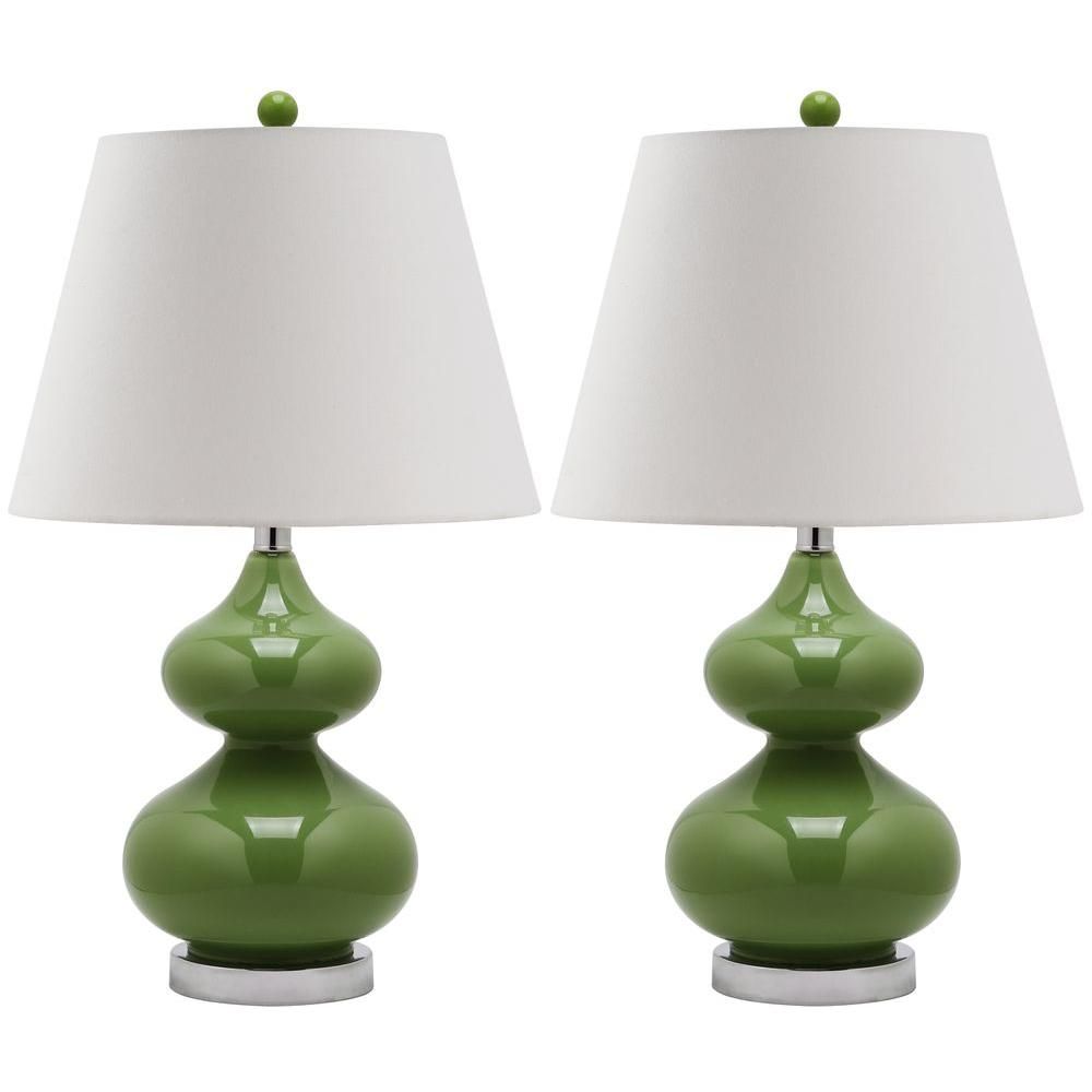 SAFAVIEH Eva 24 in. Fern Green Double Gourd Glass Table Lamp with Off-White Shade (Set of 2)-LIT4... | The Home Depot