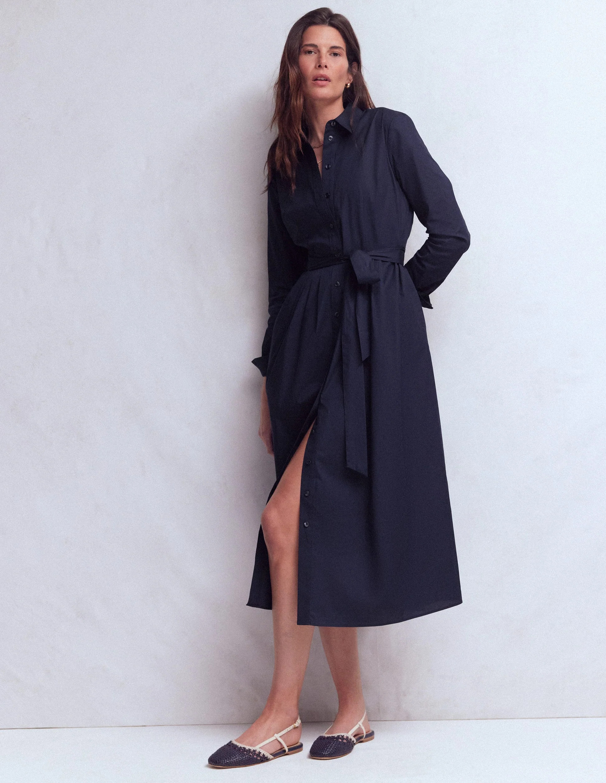 Alexa Cotton Midi Shirt Dress-Navy | Boden (US)