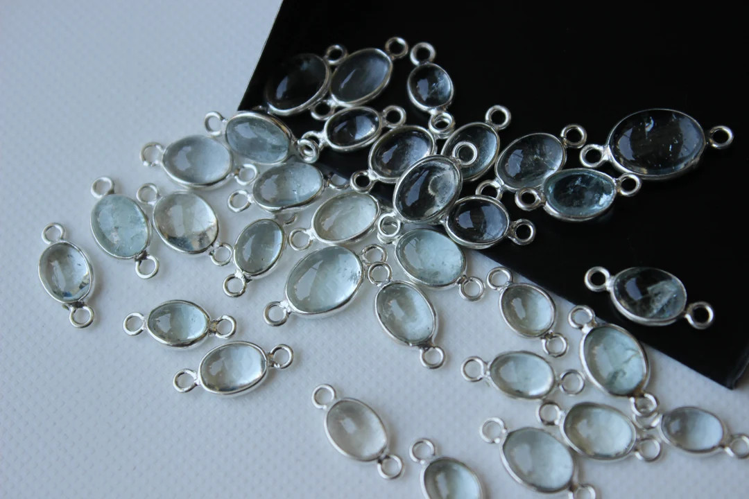 11-13mm Aquamarine Plain Oval Connectors, 5 Pcs Double Loop 925 Silver Bezel Findings - PKSG209 -... | Etsy (US)
