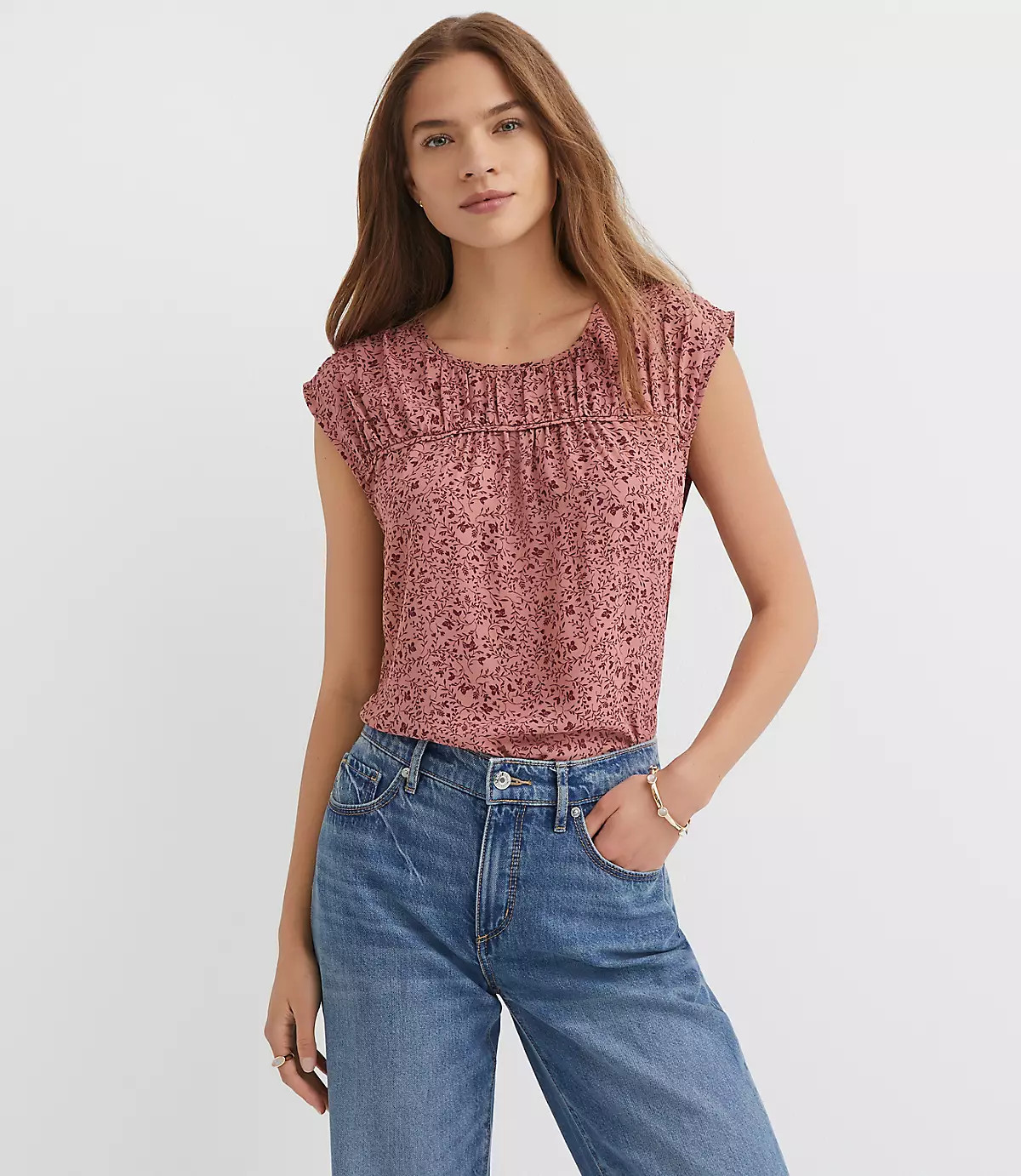 Floral Cap Sleeve Mixed Media Blouse | LOFT