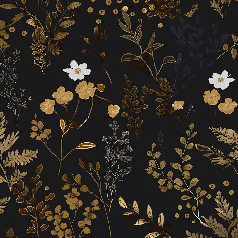 Black Floral Wallpaper Peel and Stick Wallpaper Leaf Wallpapers Gold Leaf Contact Paper for Cabin... | Amazon (US)