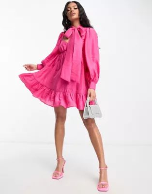 ASOS LUXE pussybow cupped mini dress with blouson sleeve in pink | ASOS (Global)