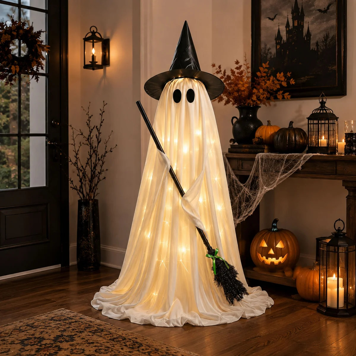 Lighted Halloween Ghost Porch Decoration with Witch Hat and Broom | Wayfair North America