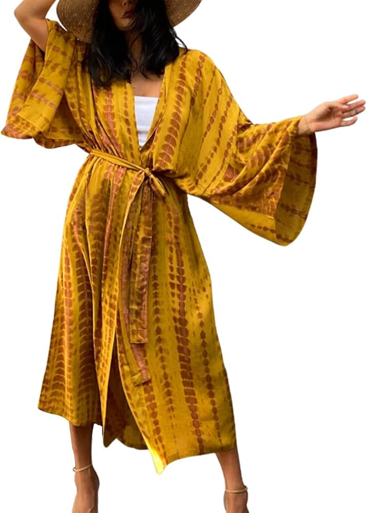Women's Open Front Tie Dye Long Kimono Cover Ups with Belt Summer Loose Long Kimono Robe Swimsuit... | Amazon (US)