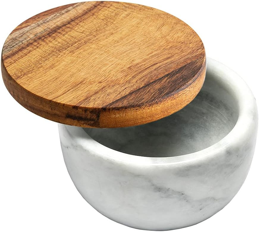 white Marble Base Wood Cover Salt Box with spoon Large Solid Natural Acacia lid white Marble base... | Amazon (US)