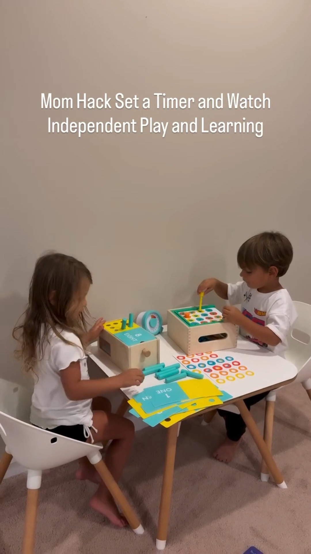 Independent play and learning at the same time 🙌 We’ve been using our countdown timer ⏱ to give the twins 5 minutes with each Lovevery toy before switching. Today we worked with the Wooden Counting Box + the Match & Tap Hammer Box.
Not only does this keep things fun and fresh, but it also teaches patience, sharing, and focus while giving me a moment to breathe. 🧡

@lovevery toys are designed for purposeful play that grows with your little ones and I love seeing them build skills while having fun.

#lovevery #independentplay #toddleractivities #twinmomhacks #toddlerplay #lalo #momhack