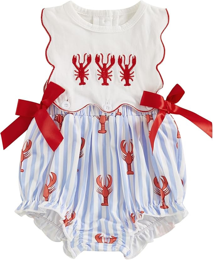 Newborn Infant Baby Girl Smocked Bubble Summer Sleeveless Onesie Striped Crawfish Embroidered Rom... | Amazon (US)