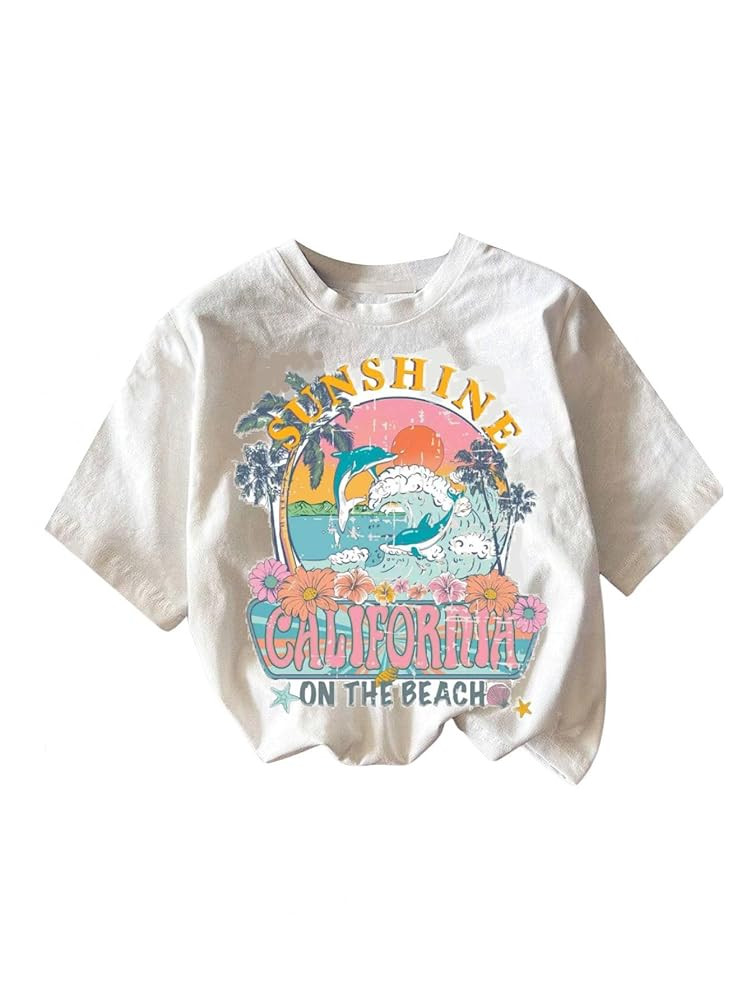 Girl's Graphic Print Tee Shirt Round Neck Short Sleeve T Shirts Summer Cute Trendy Tops | Amazon (US)