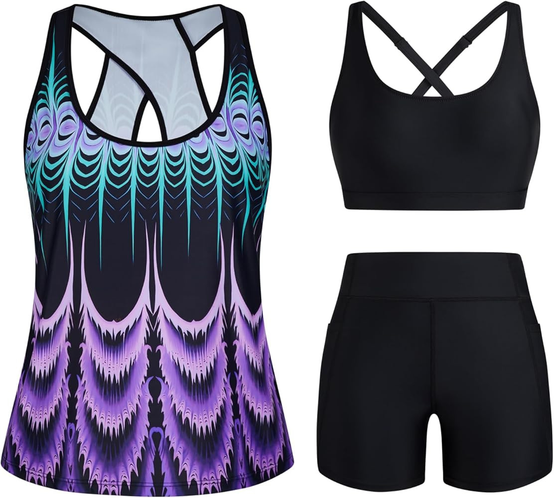 HUSKARY 3 Piece Tankini Swimsuits for Women Swim Tank Top with Bra and High Waist Boy Shorts with... | Amazon (CA)