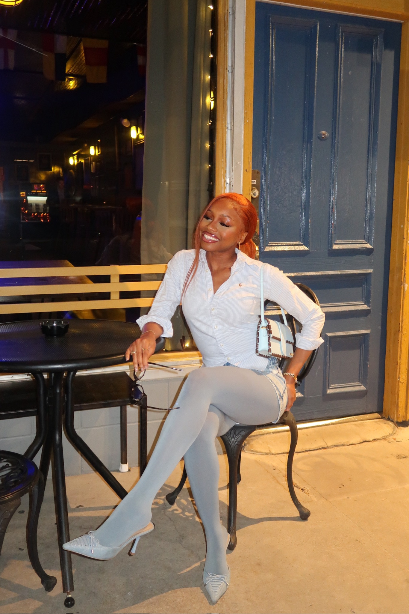 cute girls night out inspo wearing all blue 🩵 in a ralph lauren button down, pantyhose, denim skort, mules and wearing my Jacquemus bag 

#LTKitbag