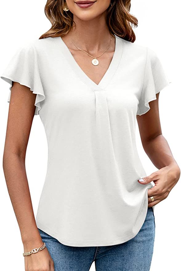 LOMON Flutter Sleeve Tops for Women Summer Ruffle Short Sleeve V Neck T-Shirts Casual Loose Fit B... | Amazon (US)