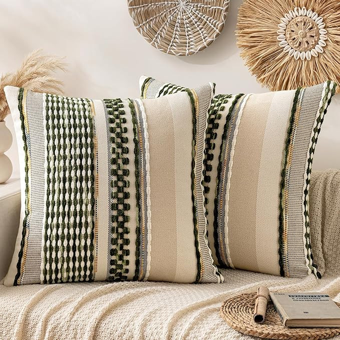 ANRODUO Pack of 2 Boho Decorative Throw Pillow Covers 24x24 Farmhouse Cushion Case Striped Chenil... | Amazon (US)