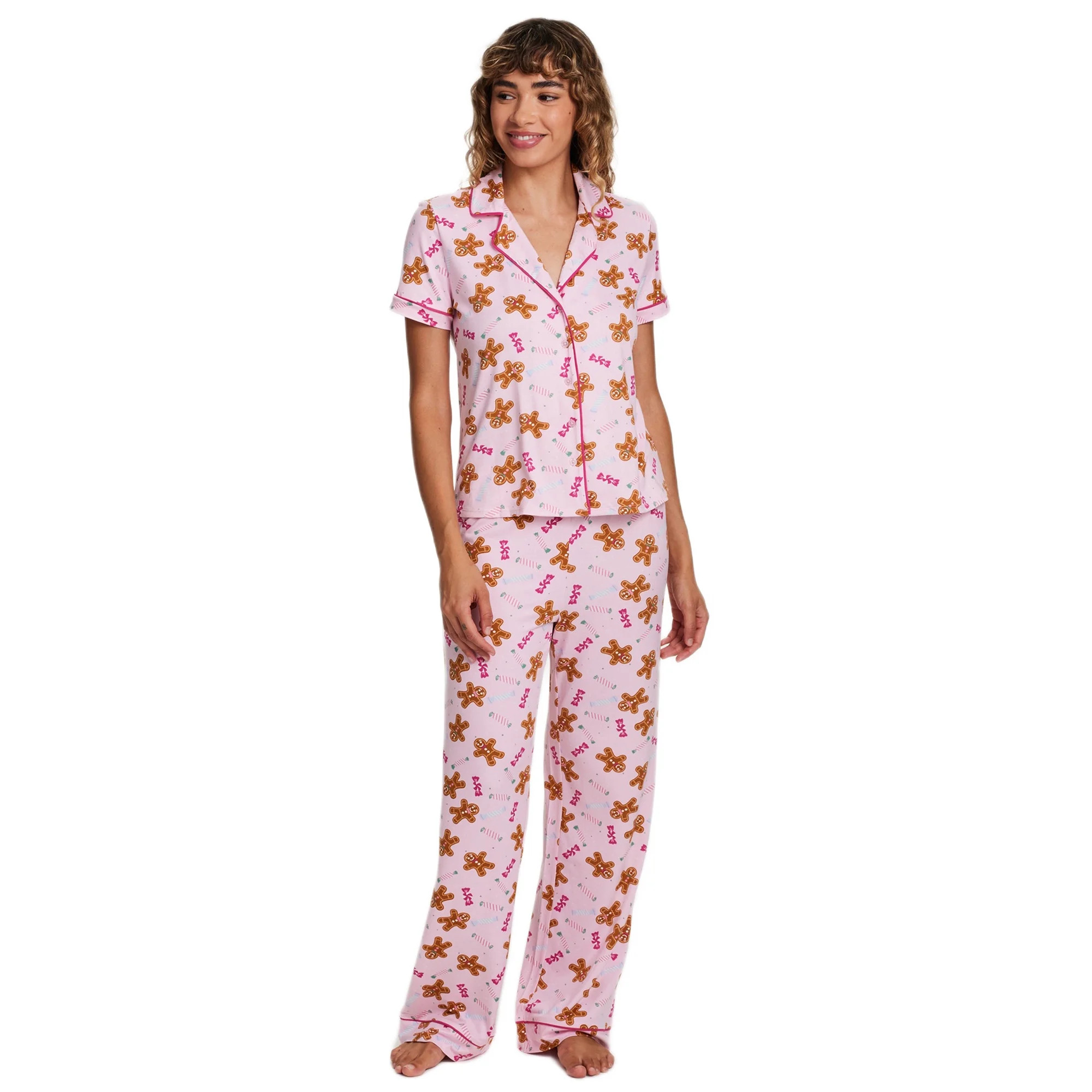 Sleep & Co. Women's & Women's Plus Short Sleeve Fesitve Notch Collar Button Down with Pant Pajama... | Walmart (US)