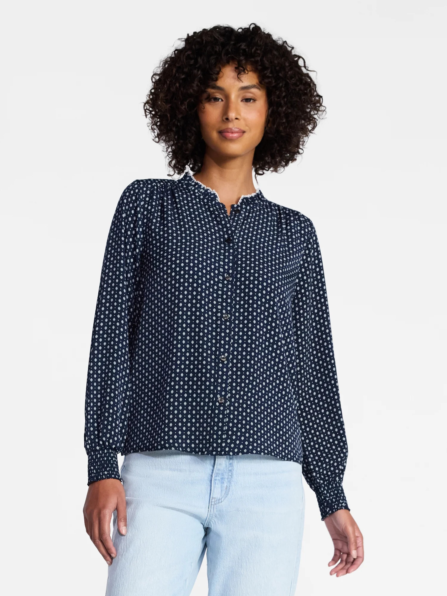 Time and Tru Women's Ruffle Button Down Blouse with Long Sleeves, Sizes XS-XXXL | Walmart (US)