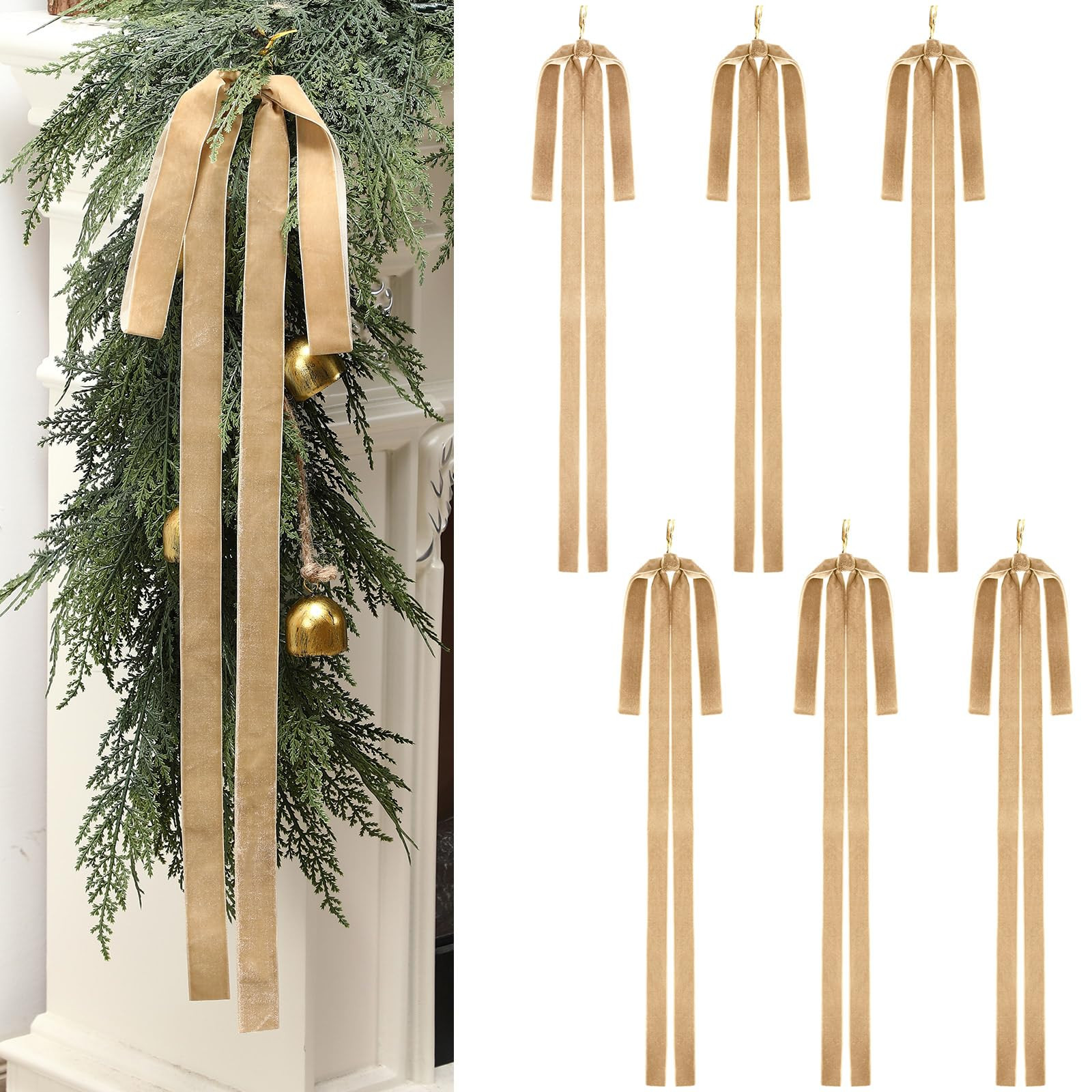Janinka 6 Pcs Khaki Velvet Ribbon Bows Christmas Tree Decorations 23.5x15.5 Inch Rustic Neutral L... | Amazon (US)