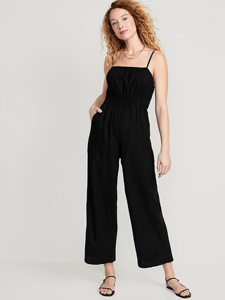 Waist-Defined Linen-Blend Cropped Smocked Cami Jumpsuit for Women | Old Navy (US)