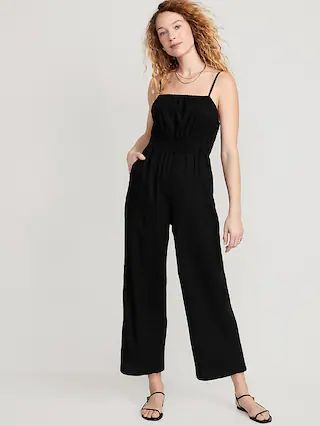 Waist-Defined Linen-Blend Cropped Smocked Cami Jumpsuit for Women | Old Navy (US)