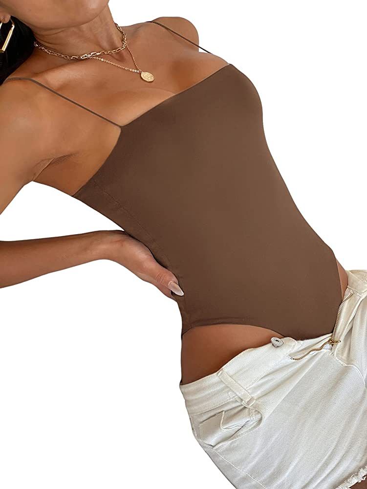 SheIn Women's Spaghetti Strap Square Neck Backless Bodysuit Sleeveless Bodycon Leotard Top Jumpsu... | Amazon (US)