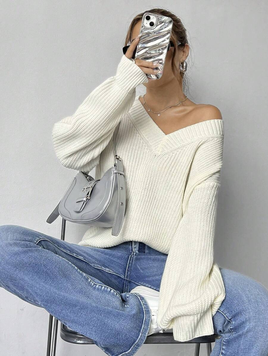 Flirla Women Loose Fit V-Neck Sweater,Long Sleeve Tops, Knit Pullover Fall Winter | SHEIN
