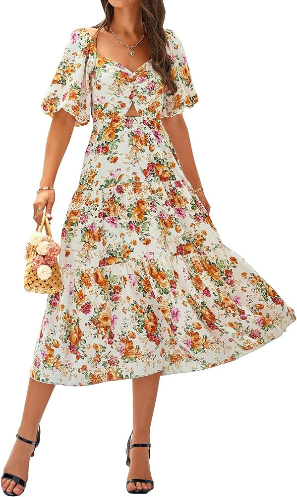 BTFBM Women Summer Dresses 2025 Casual Flowy Beach Square Neck Puff Short Sleeve Smocked Back Boh... | Amazon (US)