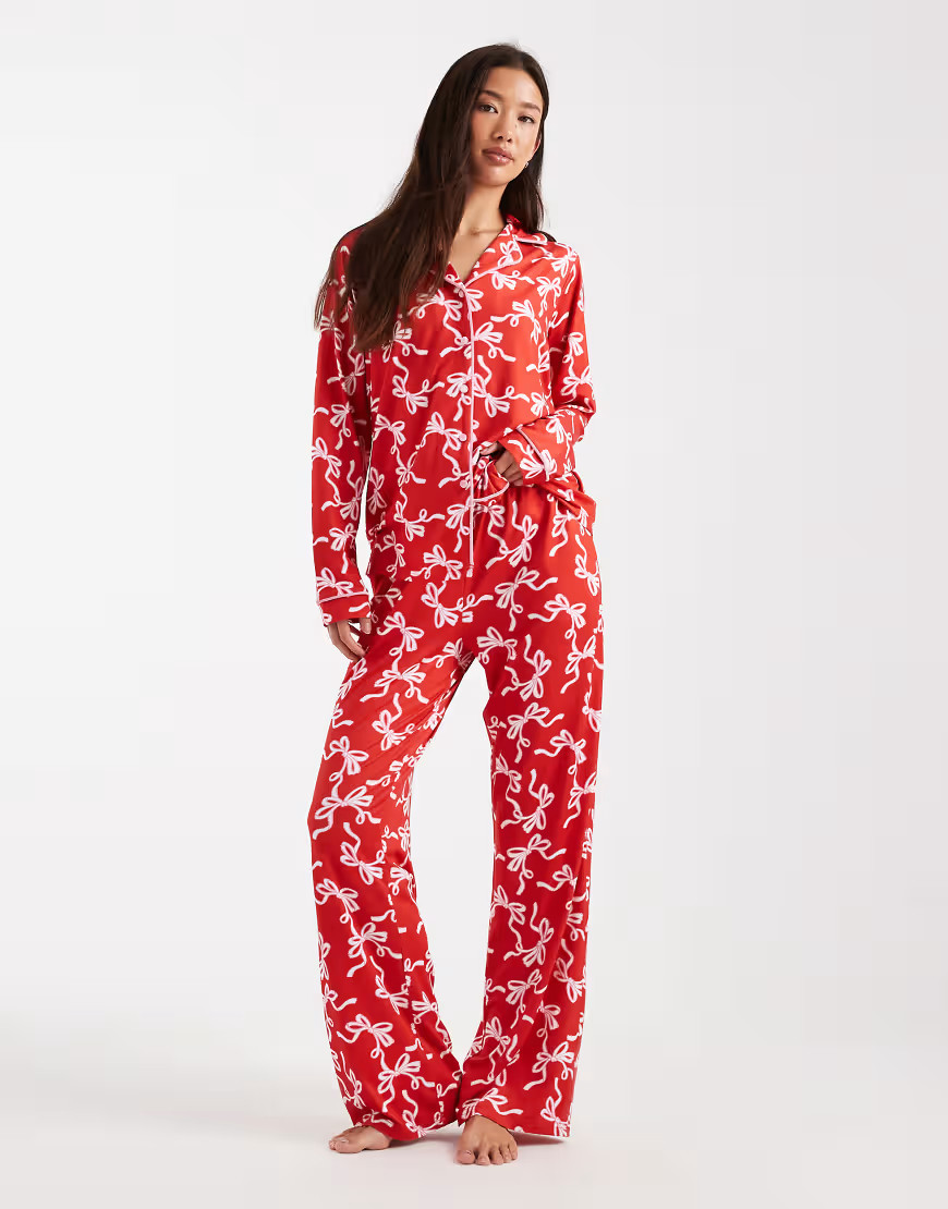 Threadbare long sleeve pyjamas in red with bow print | ASOS (Global)
