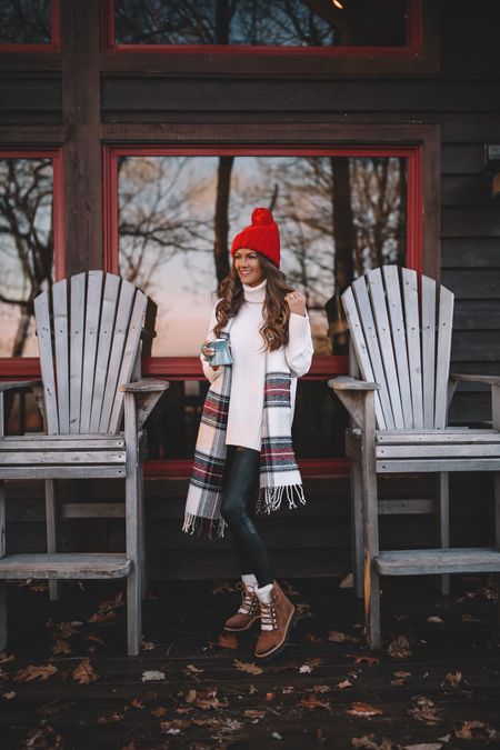 Comfy and cute Christmas outfit! This sweater is 20% off and this scarf is 72% off! 
Ivory sweater, Christmas plaid scarf, red beanie, Spanx faux leather leggings, Marc Fisher boots 

#LTKsalealert #LTKSeasonal #LTKHoliday