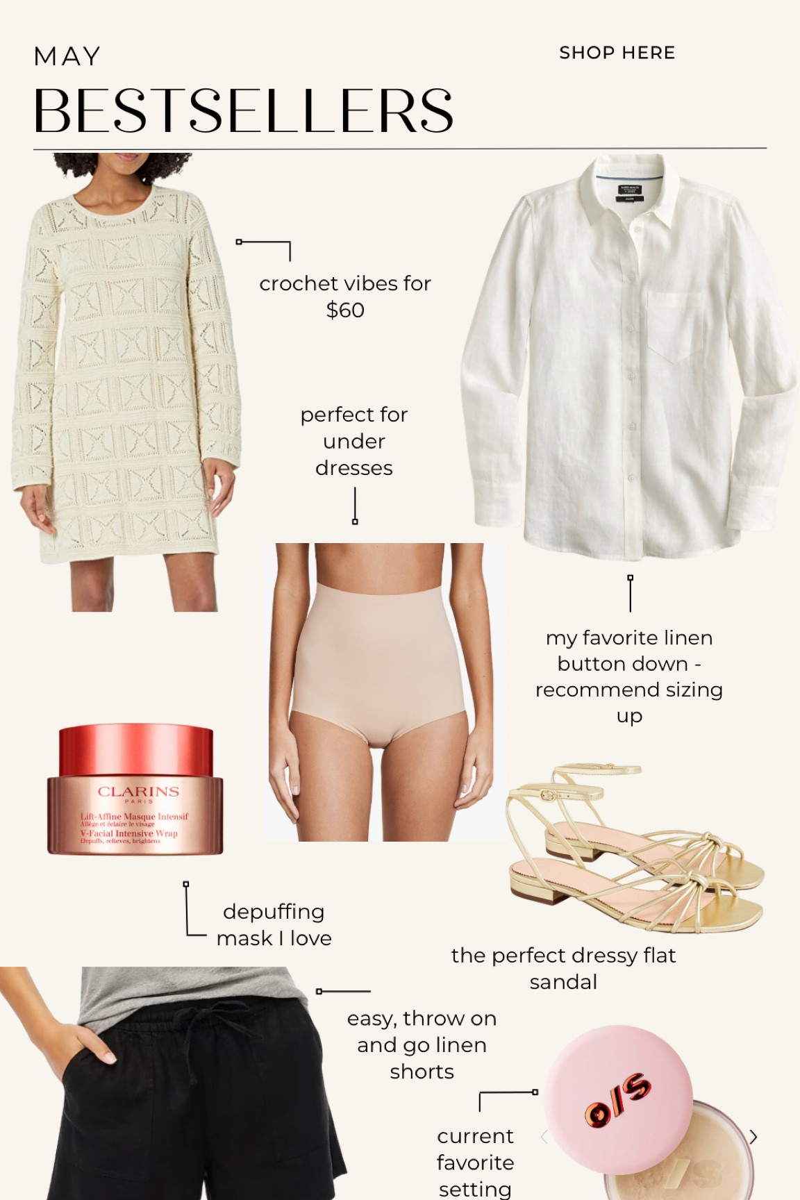 This month’s bestsellers!

Crochet dress from Amazon fashion
Linen button down cover up
Commando shapewear 
Metallic sandals dressy flat sandals
Linen shorts
Setting powder
Face mask 

#LTKunder100 #LTKunder50 #LTKSeasonal
