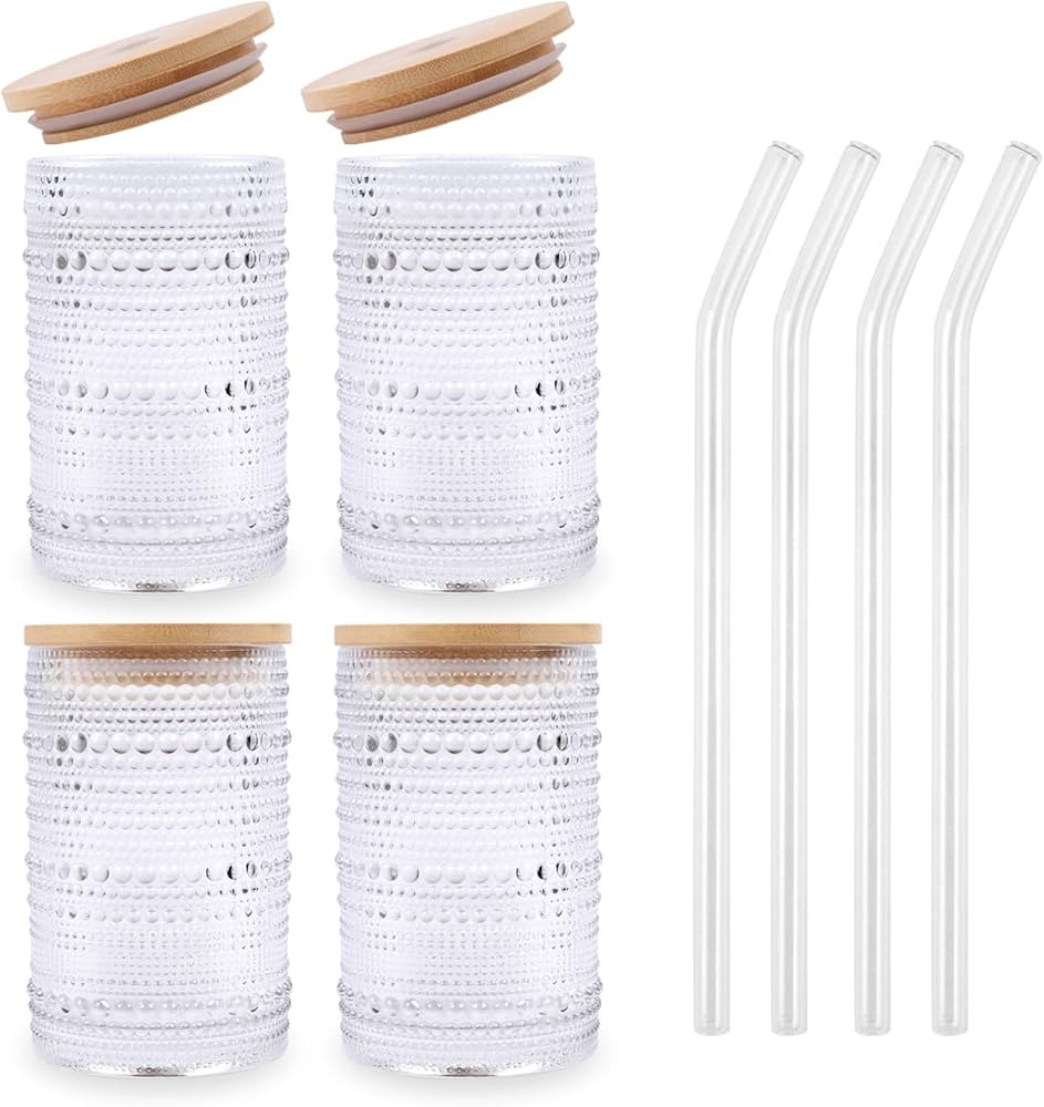 Vintage Drinking Glasses Set of 4 with Bamboo Lids and Straws, Textured Clear Striped Ribbed Glas... | Amazon (US)