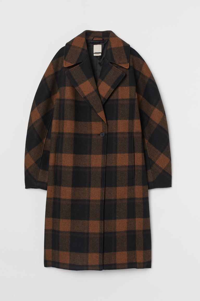 Wool-blend coat - Brown/Black checked - Ladies | H&M GB | H&M (UK, MY, IN, SG, PH, TW, HK)
