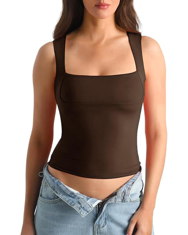 Women's Slim Fit Double-Layer Tank Top Square Neck Sleeveless Basic Fitted Tee Shirt | Amazon (US)