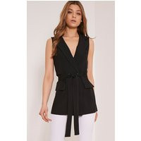 Shauna Black Sleeveless Tie Blazer | PrettyLittleThing US