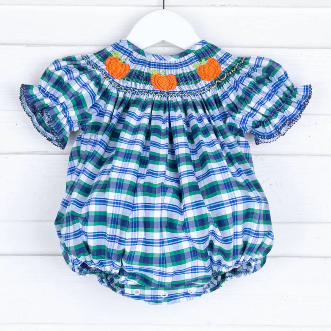 Smocked Pumpkin Navy and Green Fall Plaid Bubble | Classic Whimsy