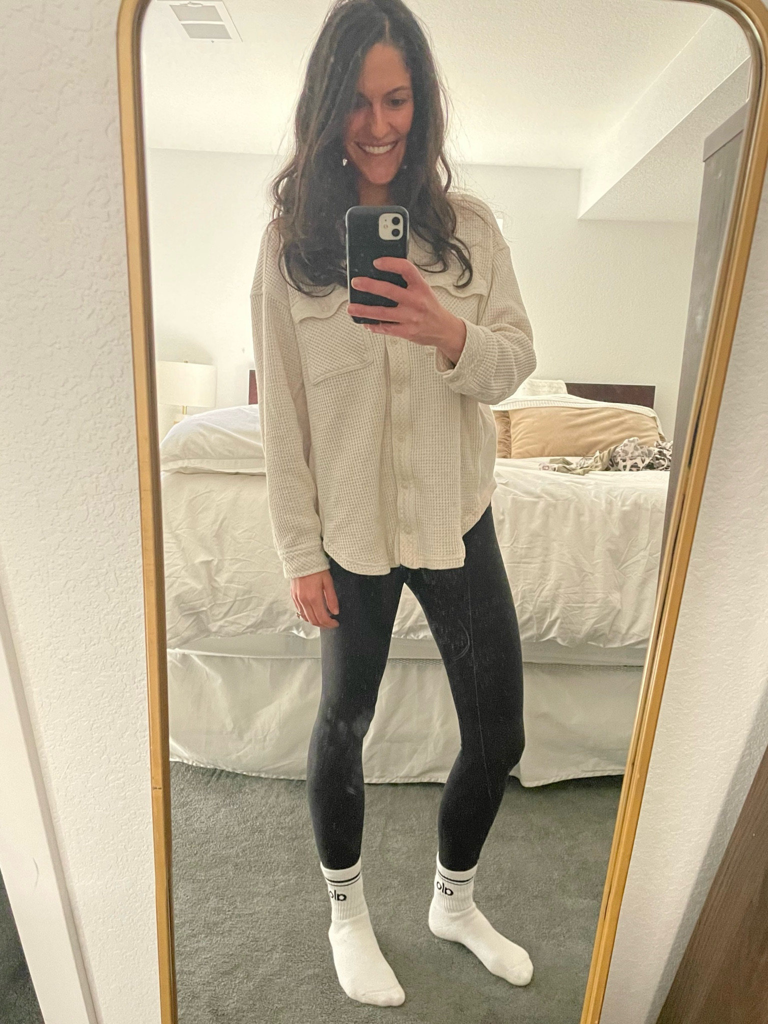 I wear the waffle button down once a week. So comfy. Also cute open with a tank under! Wearing XS