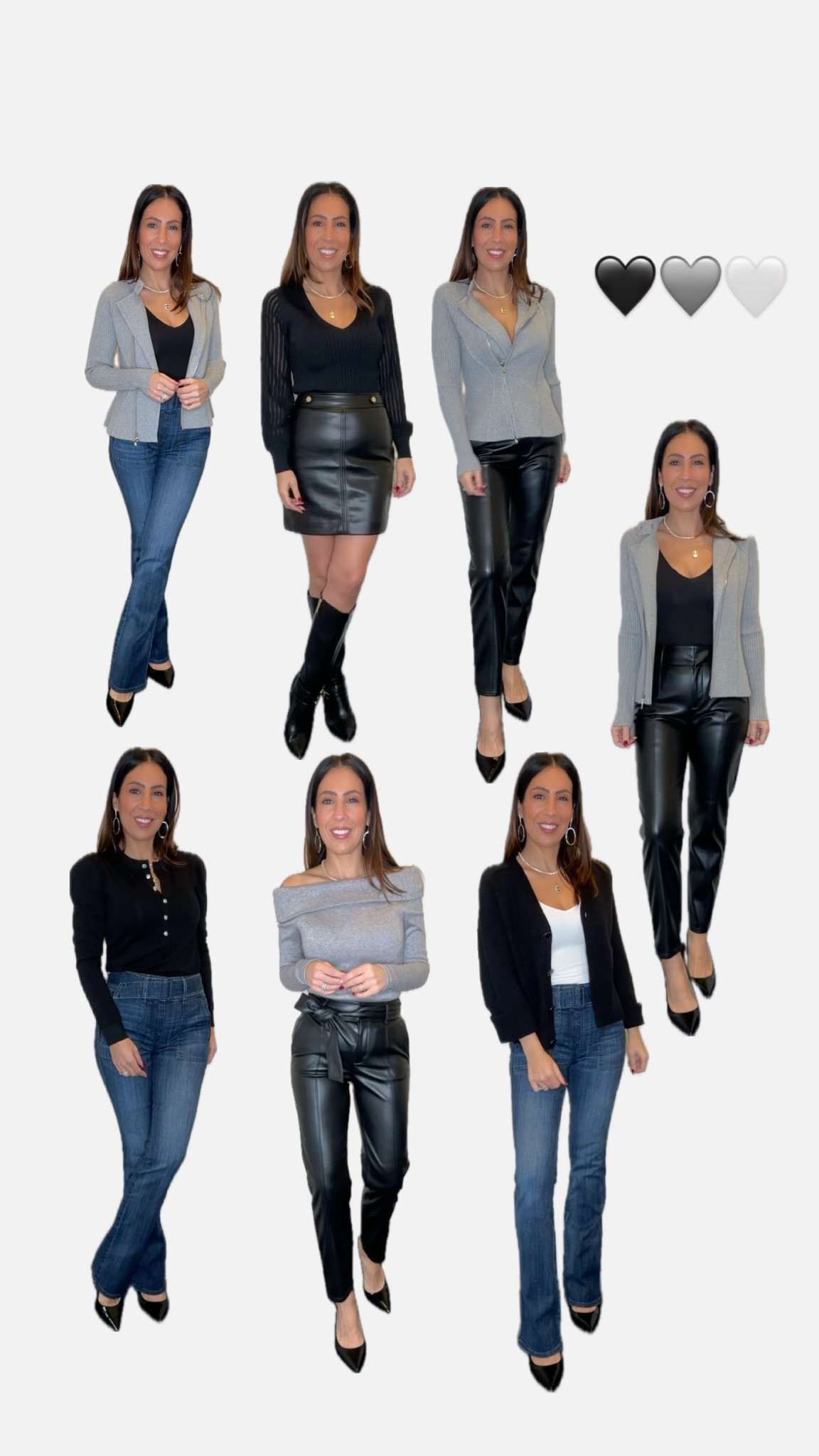 Grey jacket xxs 
Black v neck top xxs
Leather faux skirt 00
Leather faux pants 00
Denim 00
Black sweater with rhinestone xxs
Black open cardigan xs ( would prefer xxs)
Grey off the shoulder top xs 


#LTKHoliday #LTKCyberWeek