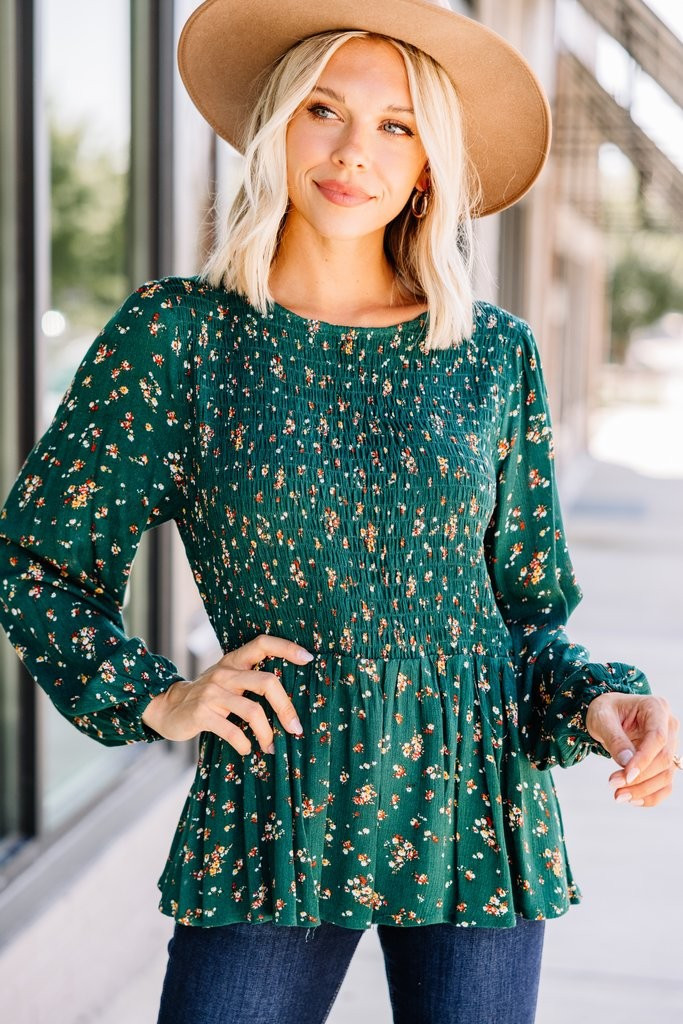 Getting Close Hunter Green Ditsy Floral Blouse | The Mint Julep Boutique