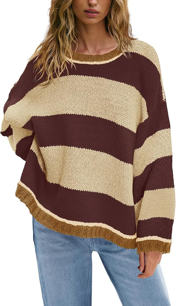 Nirovien Womens Striped Oversized Sweater Fall Chunky Sweater Cable Knit Colorblock Crewneck Pull... | Amazon (US)