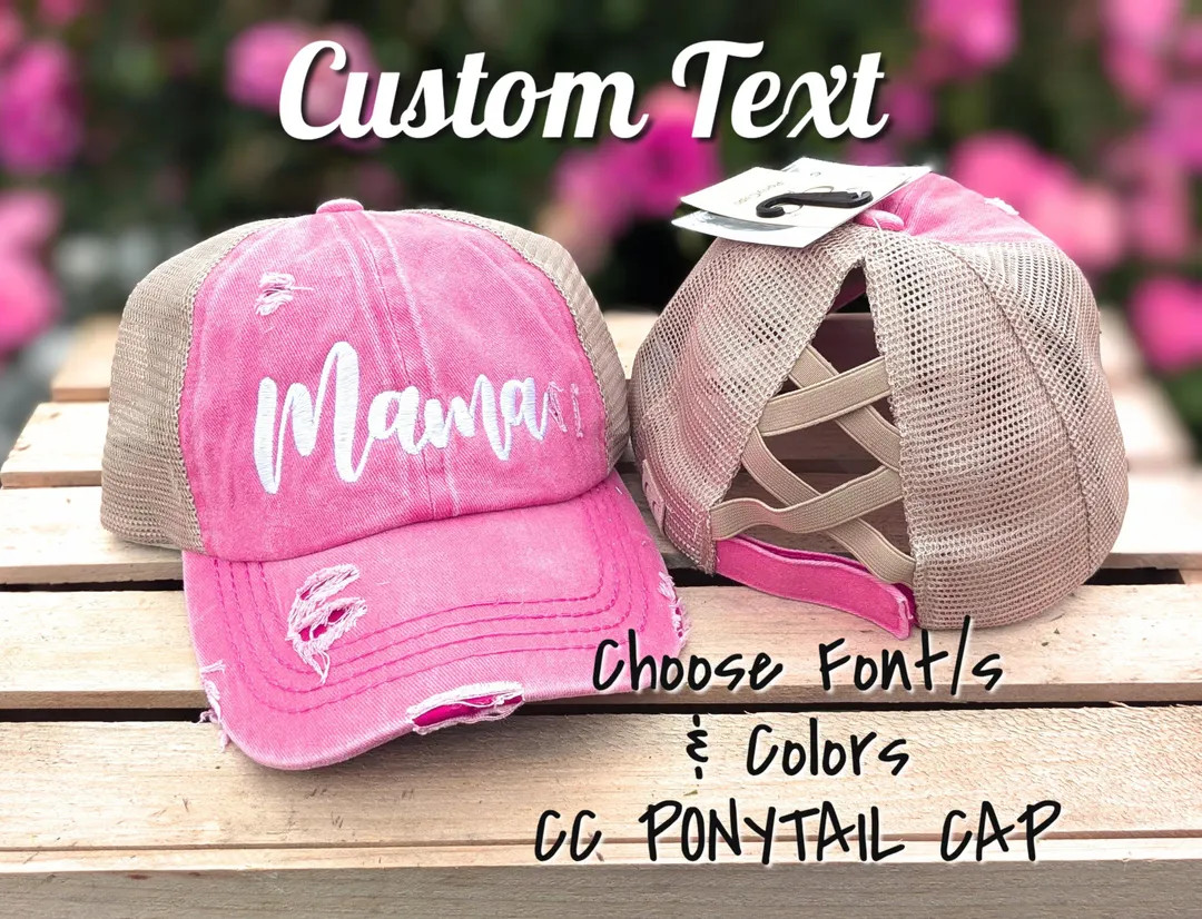 Custom Text Criss Cross Cc Ponytail Messy Bun Hat Cap, Pink +, Embroidered Name Monogram Mama Mom... | Etsy (US)