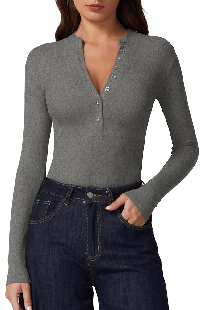 QINSEN Button Down Shirts for Women V Neck Long Sleeve Ribbed Knit Slim Fit Basic Tee Tops | Amazon (US)