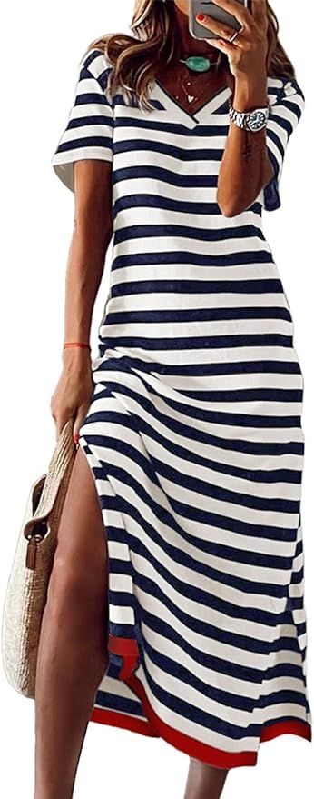 Dokotoo Summer Dress Casual Womens Fashion Short Sleeve Maxi Dress T Shirt Dress Striped Long Col... | Amazon (US)