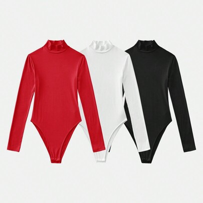 3pcs Set Plain Color Knitted Turtleneck Long Sleeve Slim Bodysuit For Women | SHEIN