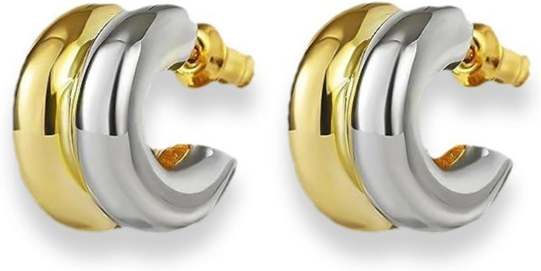 Two Tone Chunky Earrings Gold and Silver Double Hoop Earrings Dangle Statement Earrings Mixed Met... | Amazon (US)