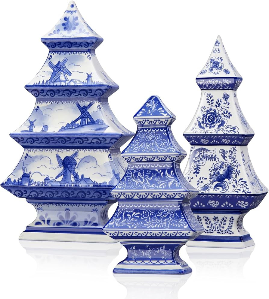Soaoo 3 Pcs Blue and White Christmas Tree Ceramic Figurine Small Chinoiserie Porcelain Christmas ... | Amazon (US)